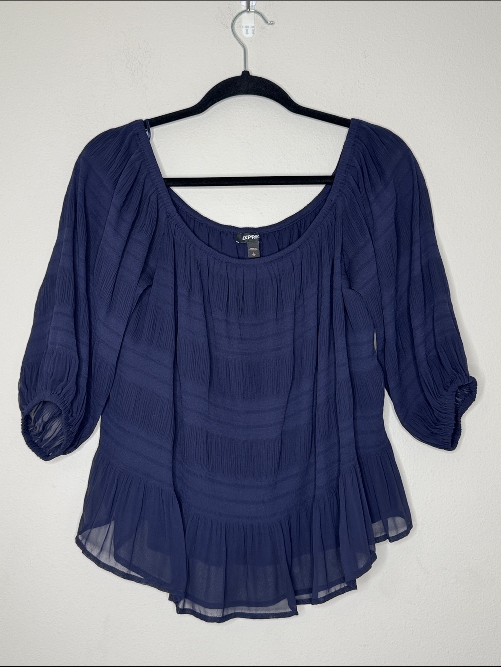 Express Navy Blue Peasant Blouse Scoop Elastic Neck/ Sleeves 3/4 Ruched Sleeve L